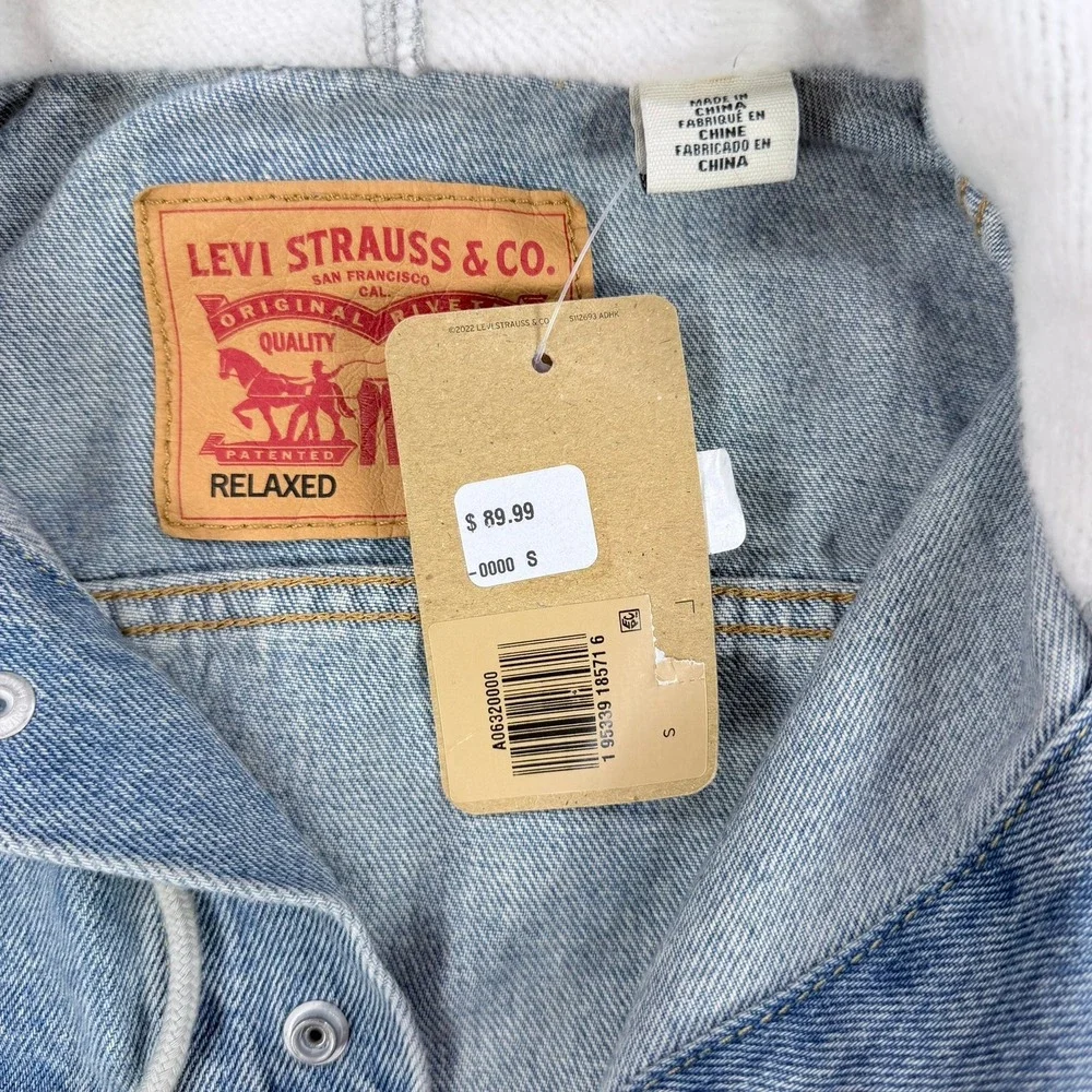 Levi's Mens S Blue Cotton Denim Relaxed Hybrid Trucker Jacket Grey Jersey Hooded